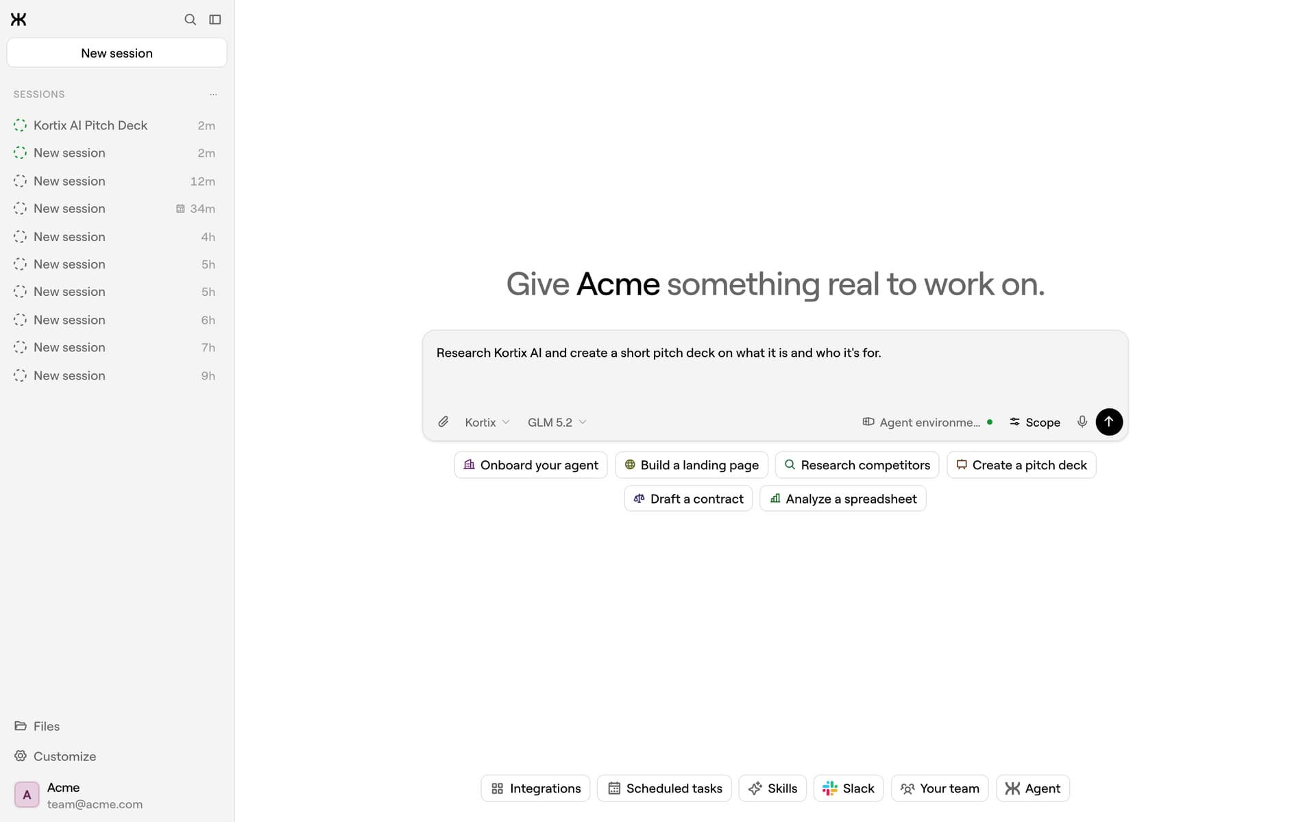 Kortix in the browser, showing a project and its files