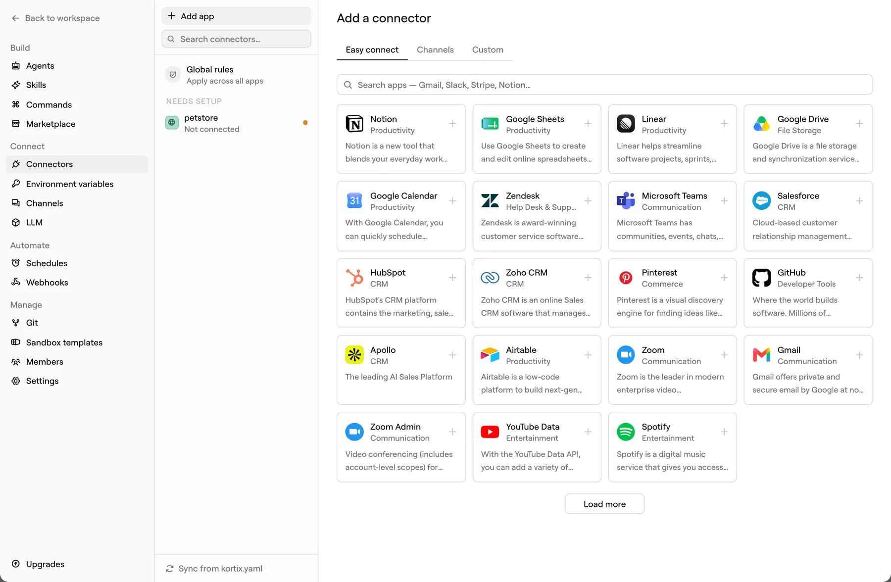 The Kortix connector catalogue, showing Notion, Google Sheets, Linear, Google Drive, Salesforce, HubSpot, GitHub, Gmail and more, each one click from connected.